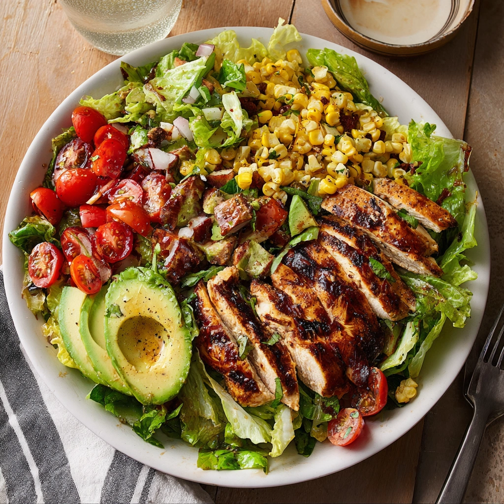 A close-up of a fresh and easy balsamic chicken salad in a bowl, with vibrant vegetables and a light dressing.