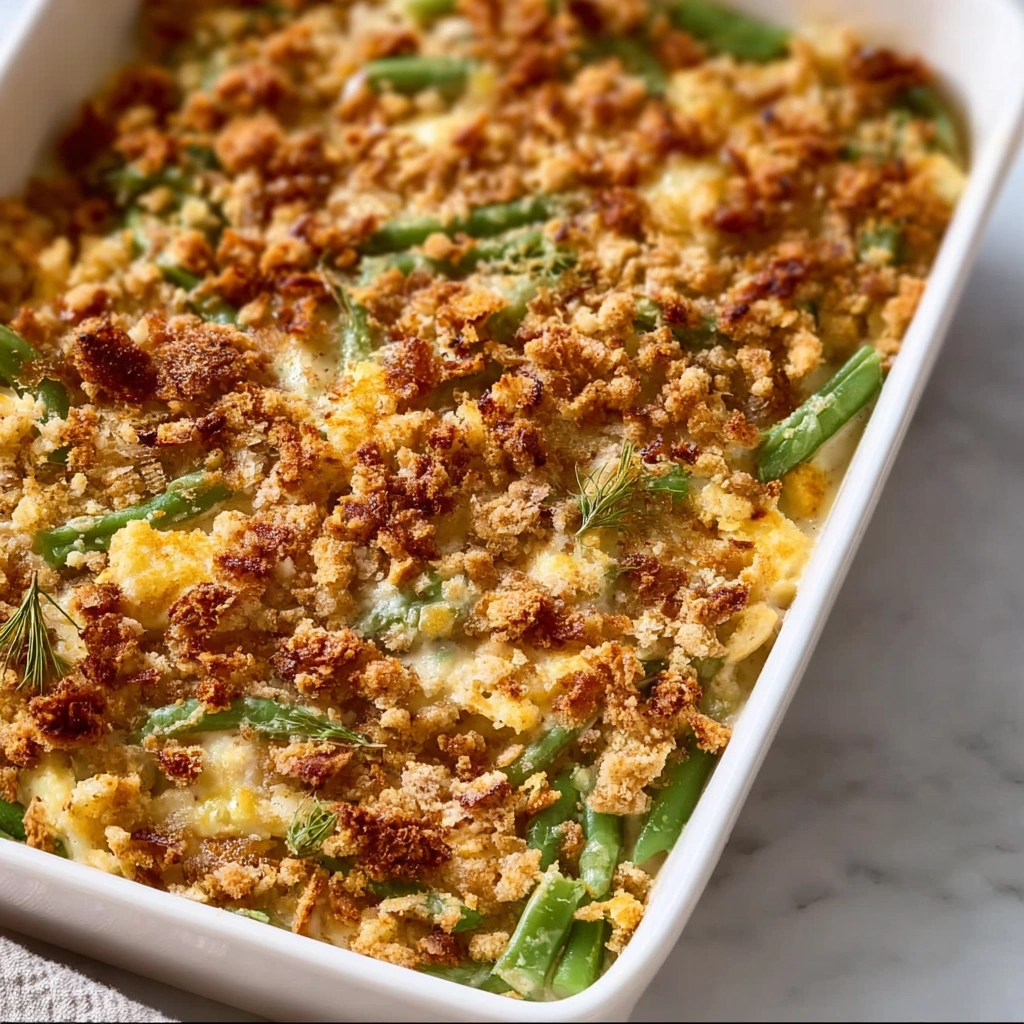 A delicious and quick homemade chicken and green bean casserole, fresh out of the oven.