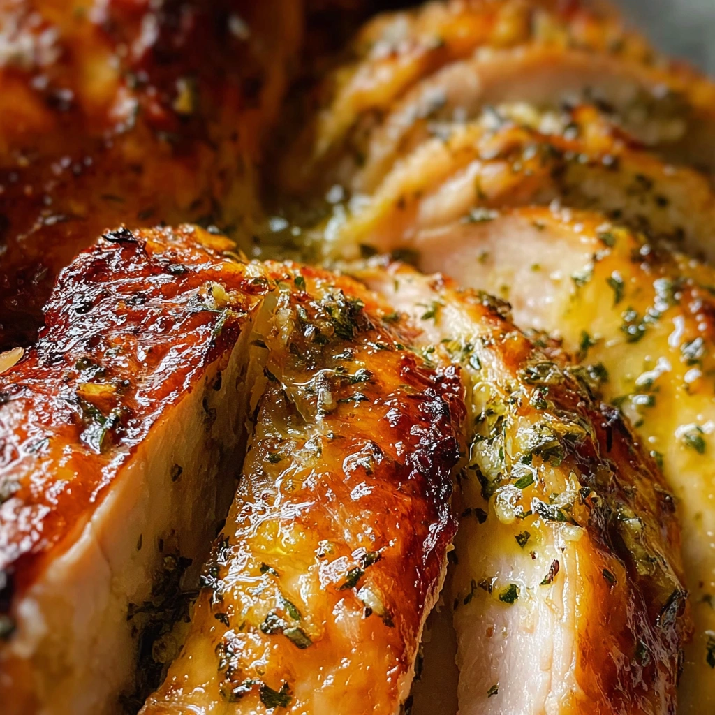 A perfectly roasted garlic butter spatchcock turkey, shown on a cutting board with herbs and spices.