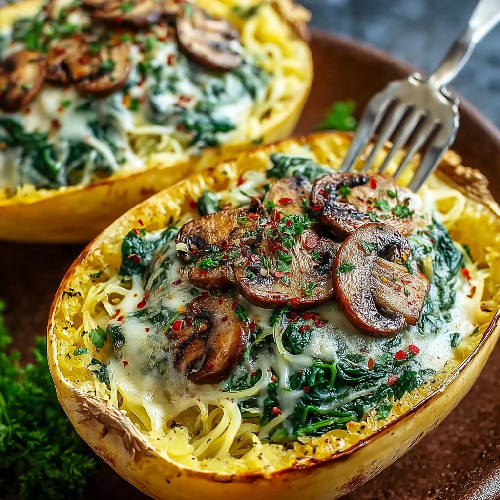 30-minute Creamy Spaghetti Squash Recipe Spinach Mushroom Spaghetti Squash Dinner Low Carb Creamy Spaghetti Squash Quick V...