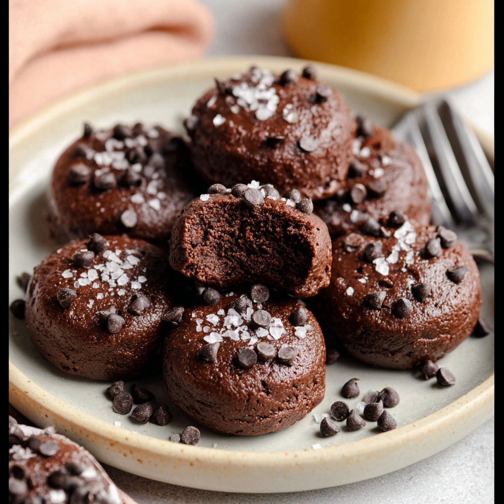 A close-up of healthy chocolate protein brownie bites, arranged on a plate with cocoa powder.