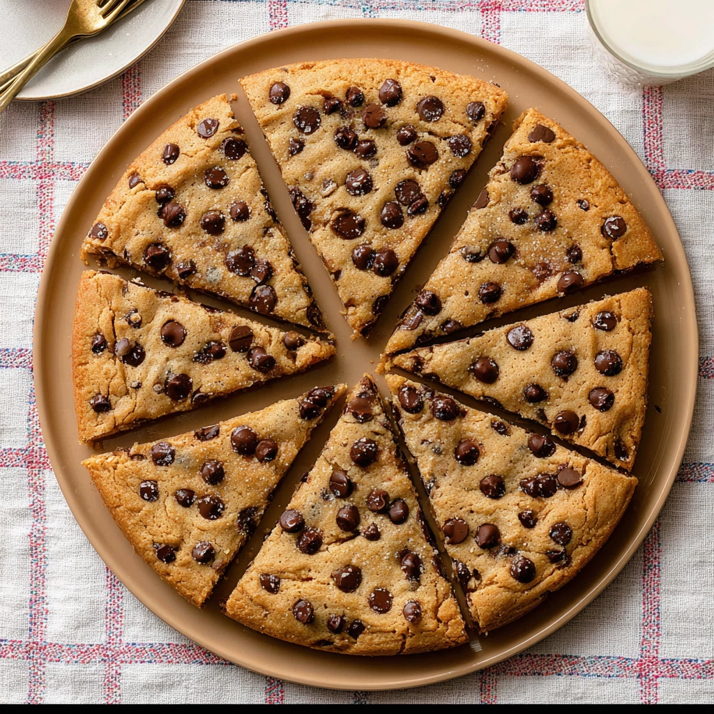 An easy-to-follow chocolate chip cookie pizza recipe, shown freshly baked and ready to slice.