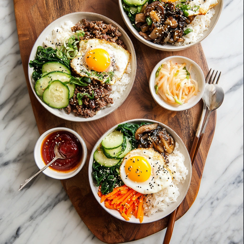 A beautiful Korean Bibimbap rice bowl, perfectly arranged with fresh vegetables, meat, and a sunny-side-up egg on top.