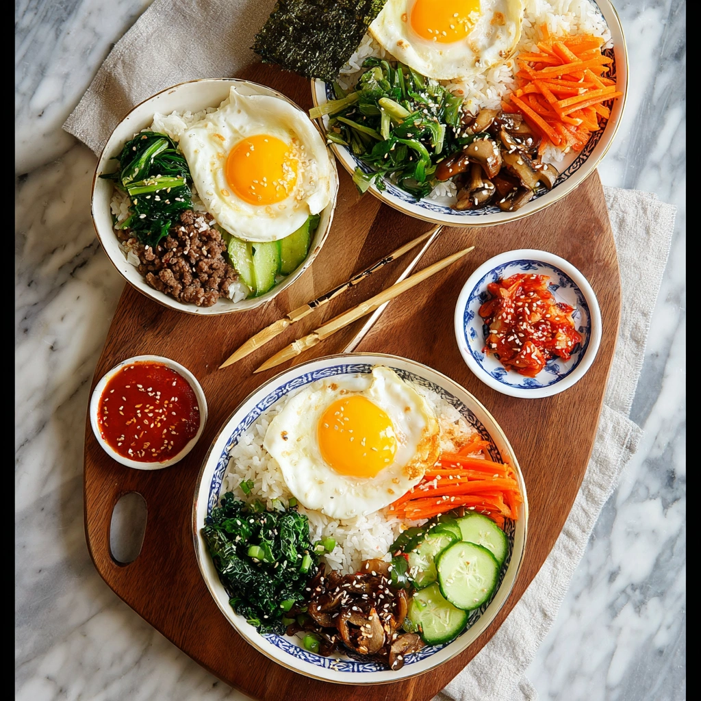 A beautiful Korean Bibimbap rice bowl, perfectly arranged with fresh vegetables, meat, and a sunny-side-up egg on top.