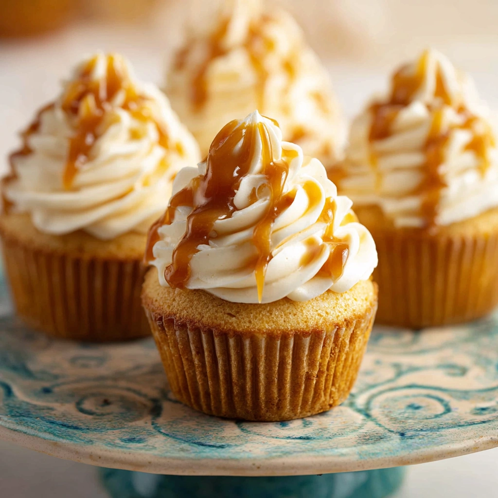 A Halloween cupcake topped with butterscotch frosting and a tiny pumpkin decoration.