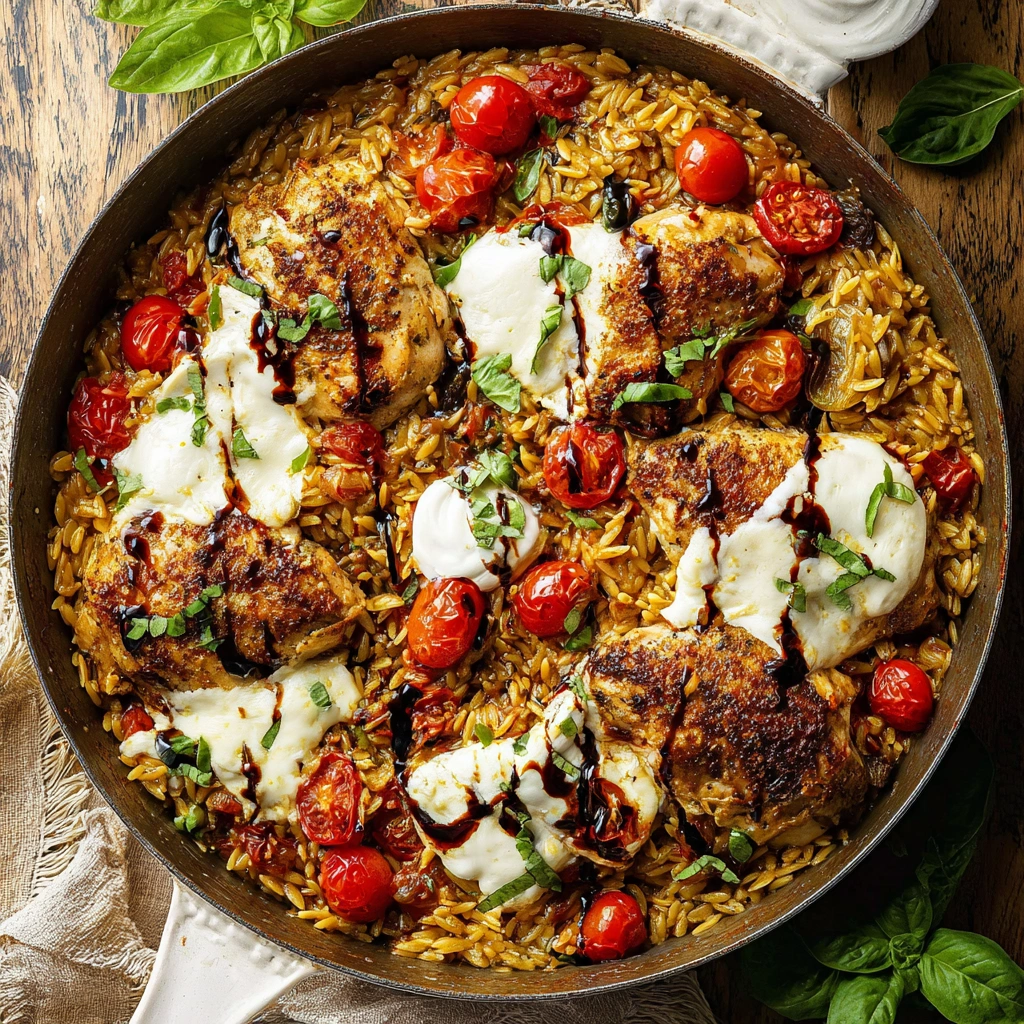A quick and delicious chicken caprese orzo bake, fresh from the oven with melted mozzarella cheese and cherry tomatoes.