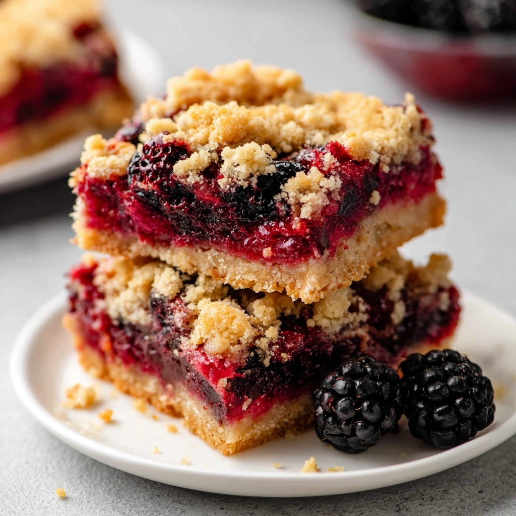 A close-up of a quick and easy blackberry pie bar, topped with a sweet icing drizzle and fresh blackberries.