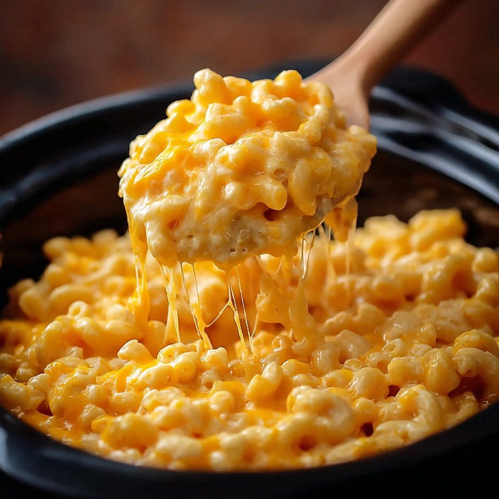 A rich and creamy crockpot mac and cheese, shown in the slow cooker and ready to serve.