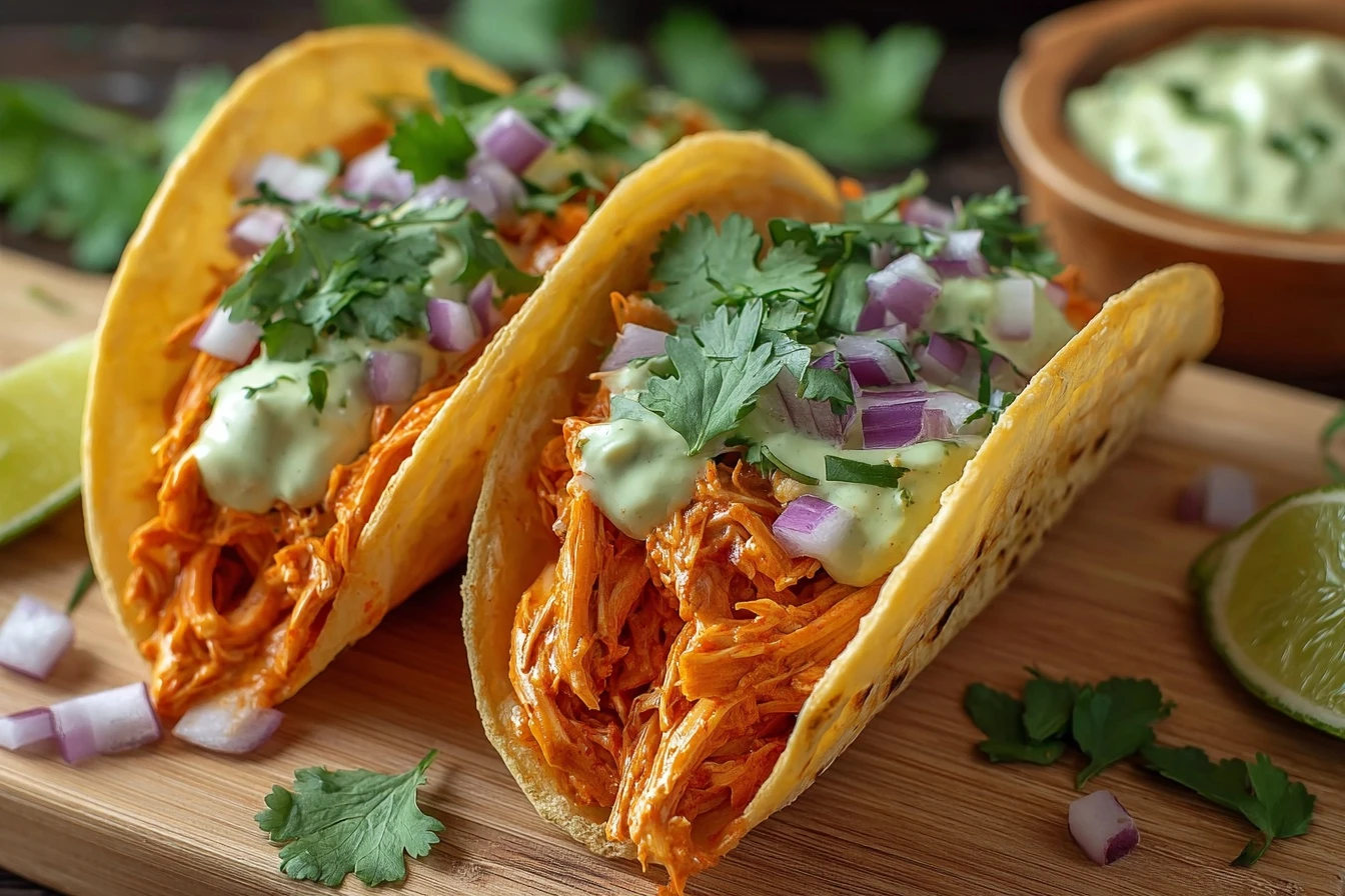 Quick & Easy Buffalo Chicken Tacos with Avocado Crema