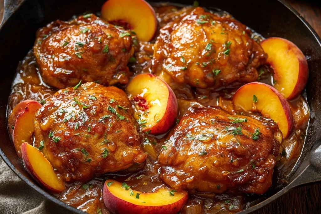 Easy Hot Honey Peach Chicken Thighs Recipe Quick Peach Glazed Chicken Thighs Best Hot Honey Chicken Recipe Peach Honey Gla...