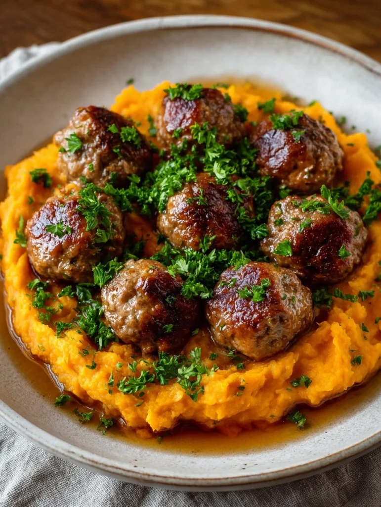 Heavenly Beef Meatballs Recipe Creamy Sweet Potato Side Dish Sticky Maple Glaze Beef Gourmet Meatball Dinner Ideas Sweet P...