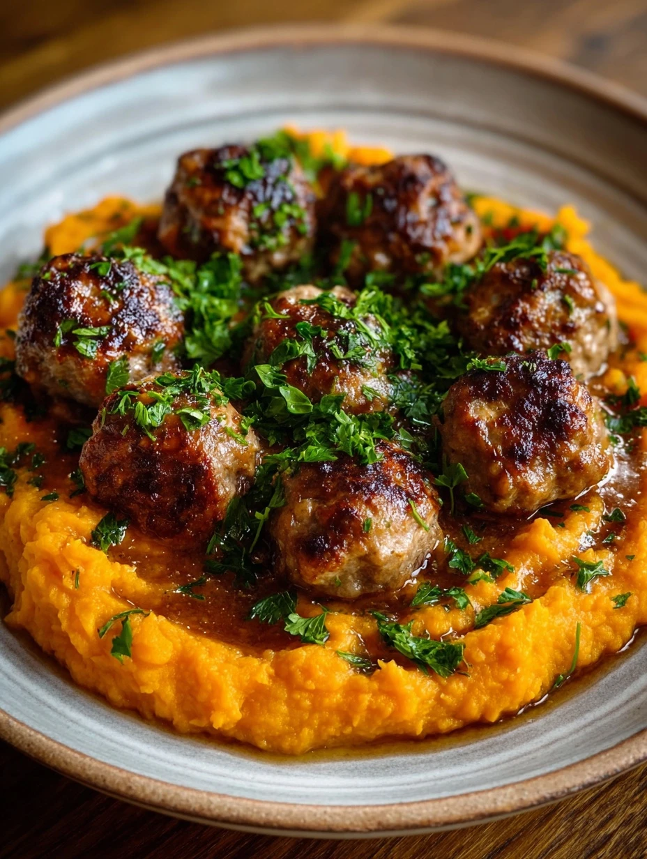 Heavenly Beef Meatballs Recipe Creamy Sweet Potato Side Dish Sticky Maple Glaze Beef Gourmet Meatball Dinner Ideas Sweet P...