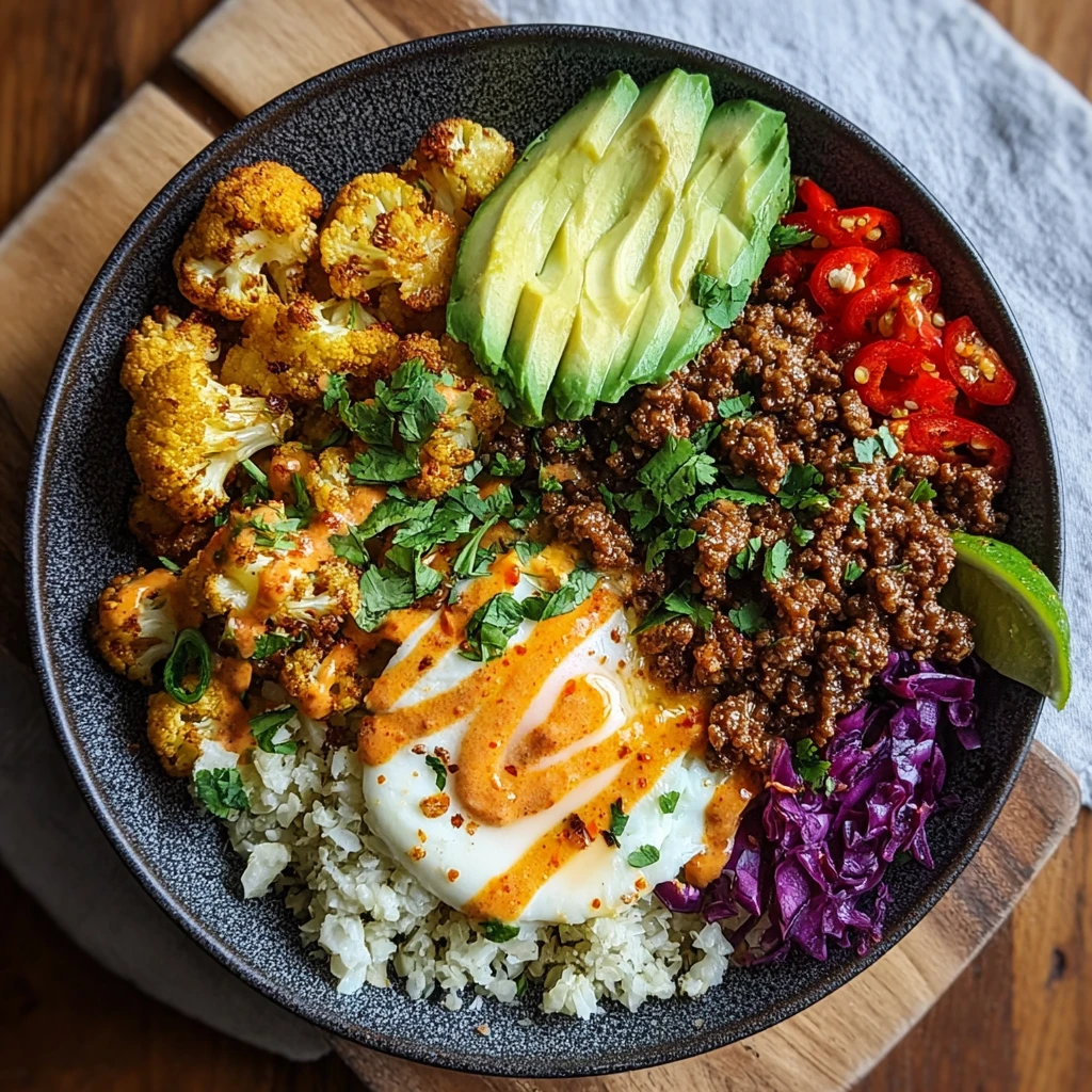Korean-style Crispy Beef Cauliflower Recipe Low Carb Korean Beef Bowl Spicy Ground Beef Cauliflower Rice Korean Crispy Bee...