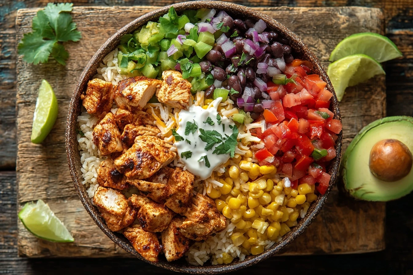 Quick Chicken Burrito Bowl Recipe Easy 10 Minute Burrito Bowl Healthy Chicken Burrito Bowl Ideas Low-calorie Chicken Burri...