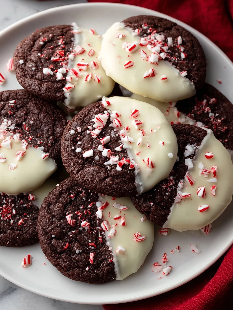 White Chocolate Dipped Peppermint Chocolate Cookies