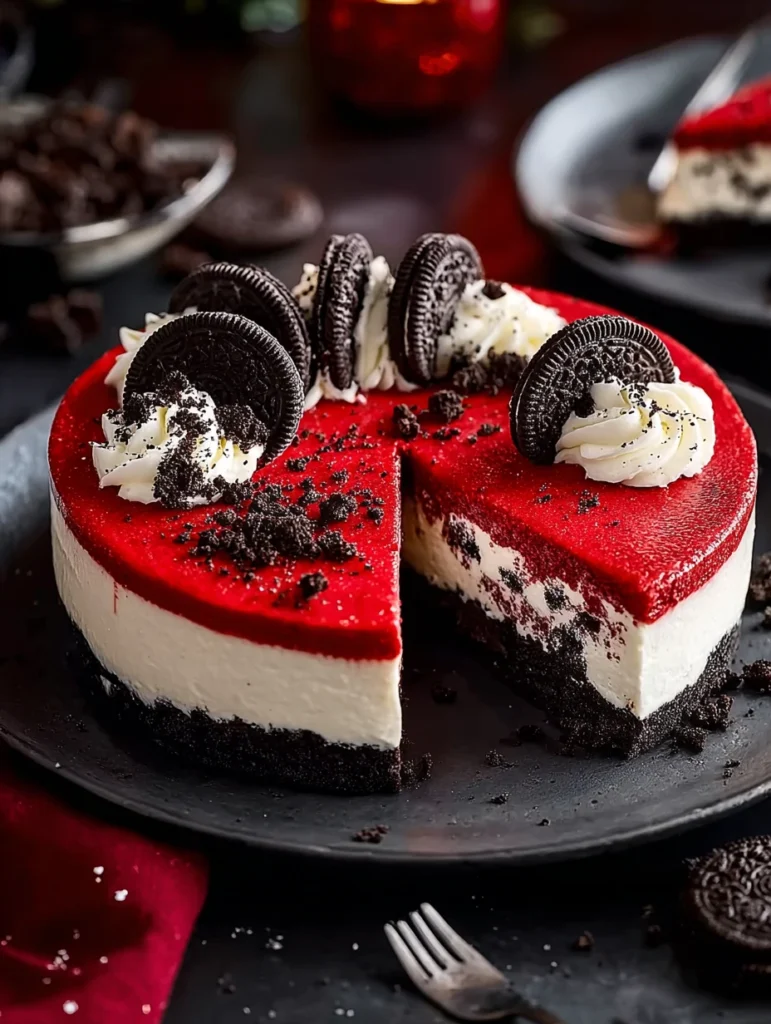 Christmas Red Velvet Cheesecake Recipe Easy Oreo Crust Cheesecake Festive Red Velvet Oreo Cake Holiday Red Velvet Cheeseca...