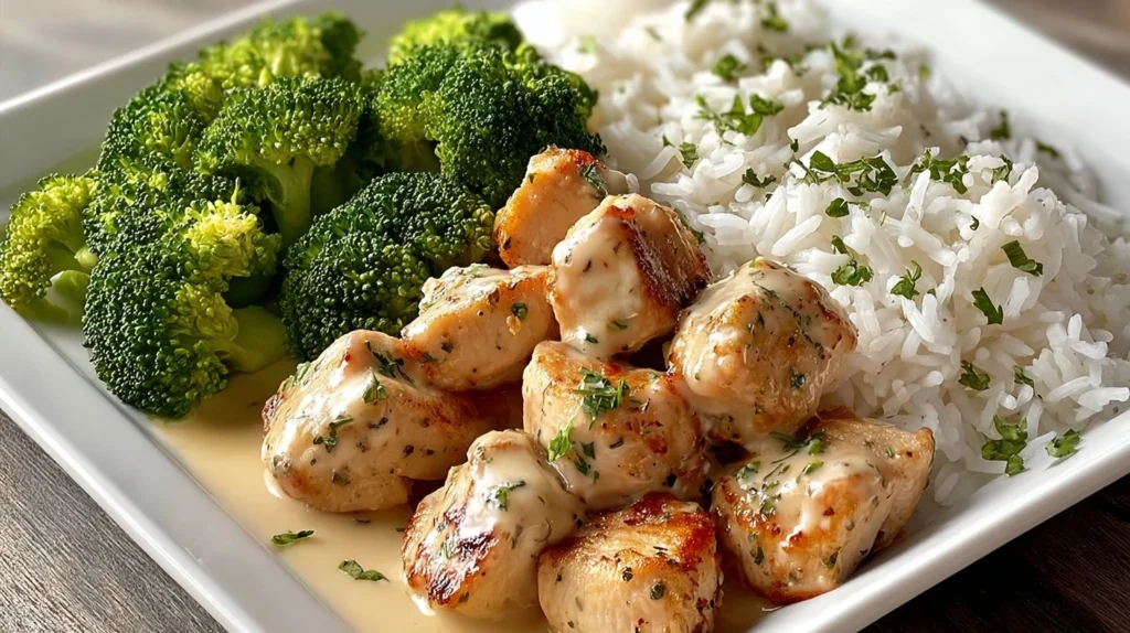 Creamy Garlic Chicken Bites Recipe Easy Garlic Chicken With Rice Best Roasted Broccoli And Chicken Dinner Low-fat Creamy C...