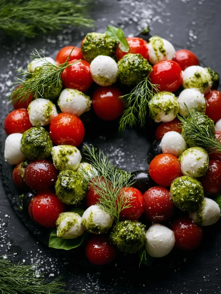 Easy Caprese Christmas Wreath Recipe Fresh Caprese Wreath For Holidays Festive Caprese Salad Christmas Wreath How To Make ...
