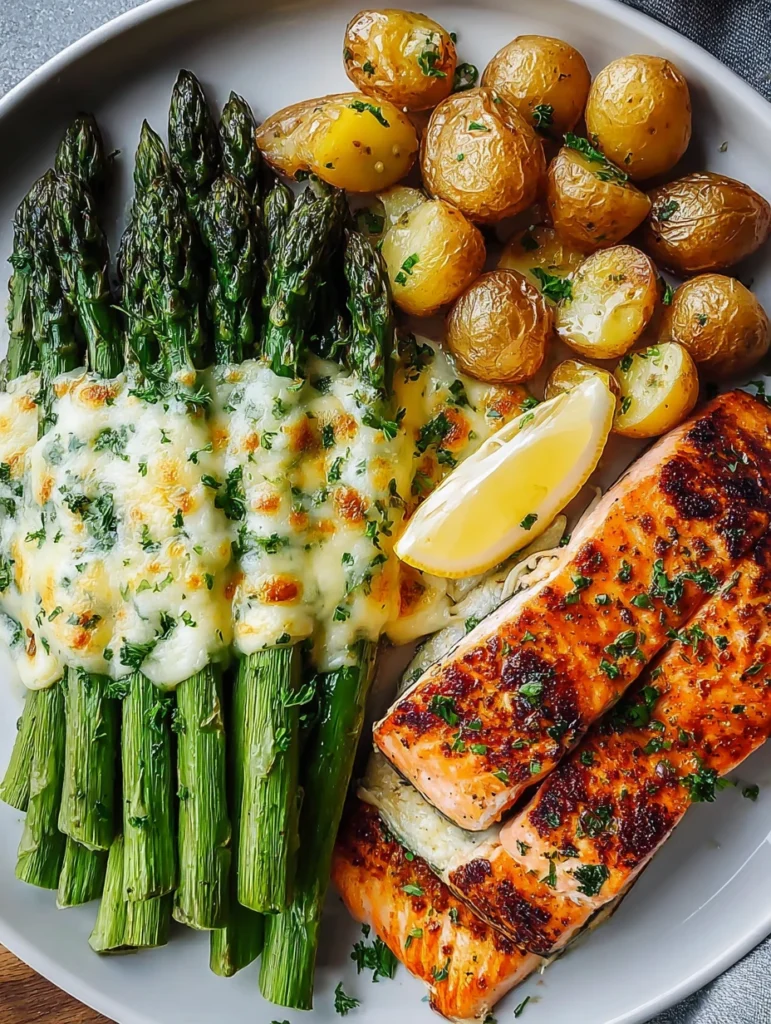 Garlic Butter Salmon Crispy Potatoes Cheesy Asparagus