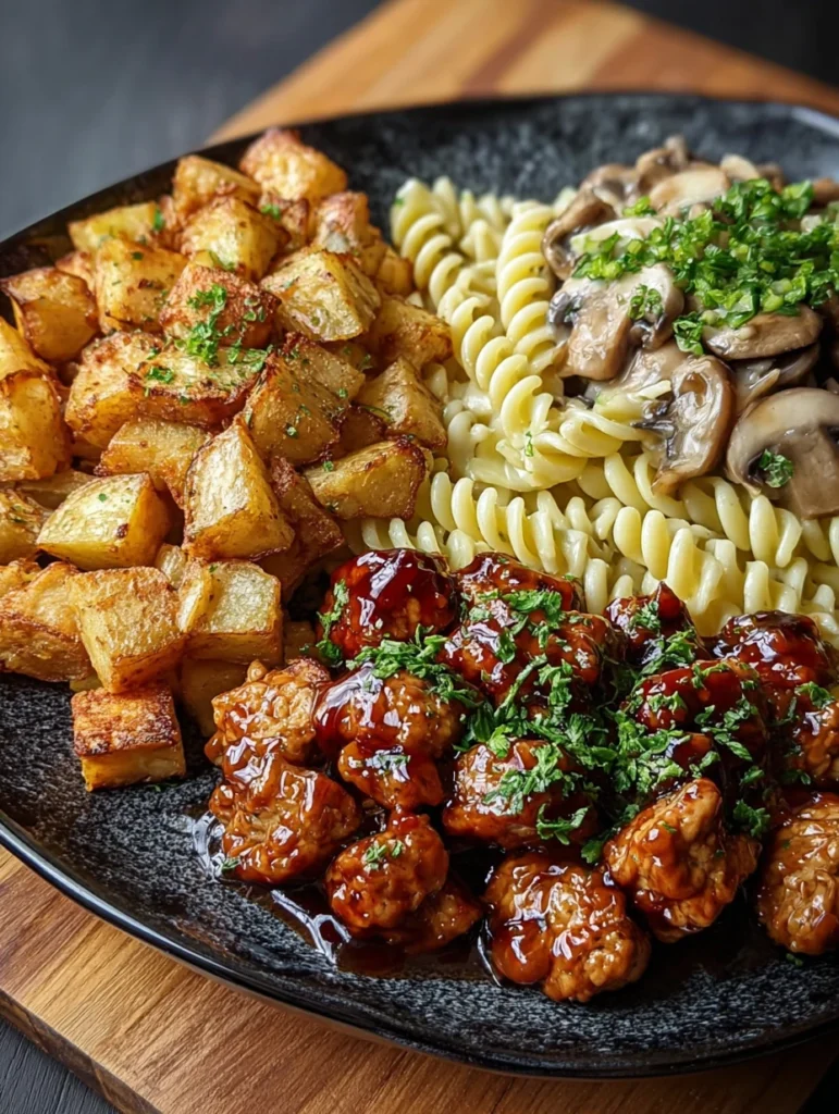 Glazed Chicken Cubes Crispy Potatoes Mushroom Pasta