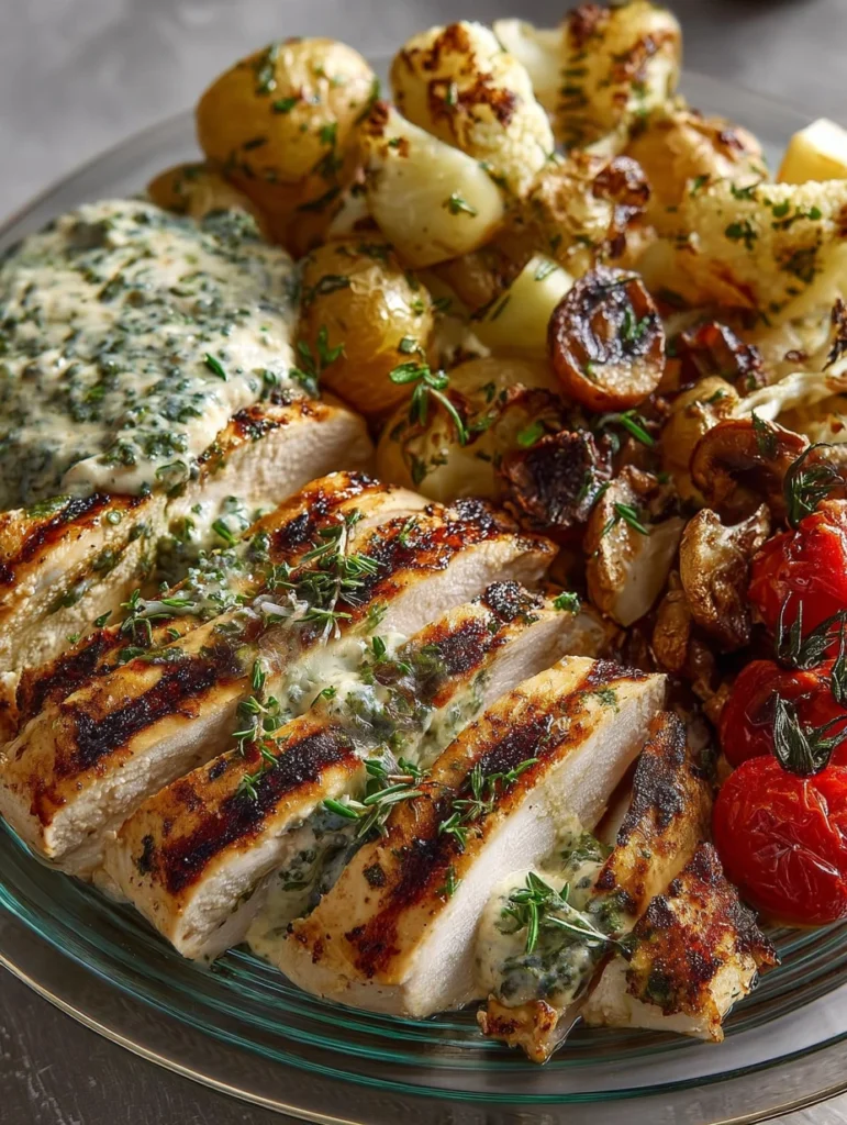 Grilled Chicken Creamy Herb Sauce Roasted Sides