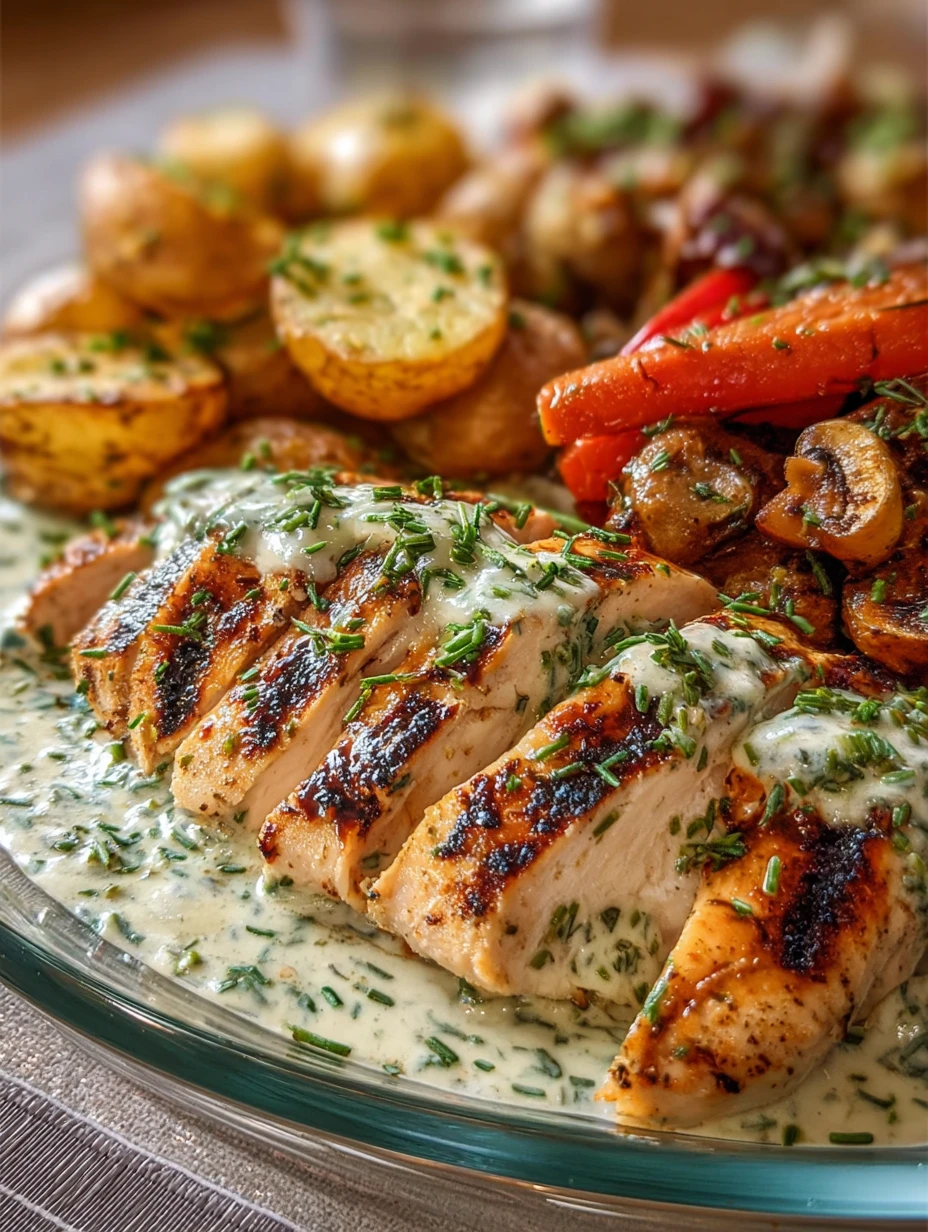 Grilled Chicken Creamy Herb Sauce Roasted Sides