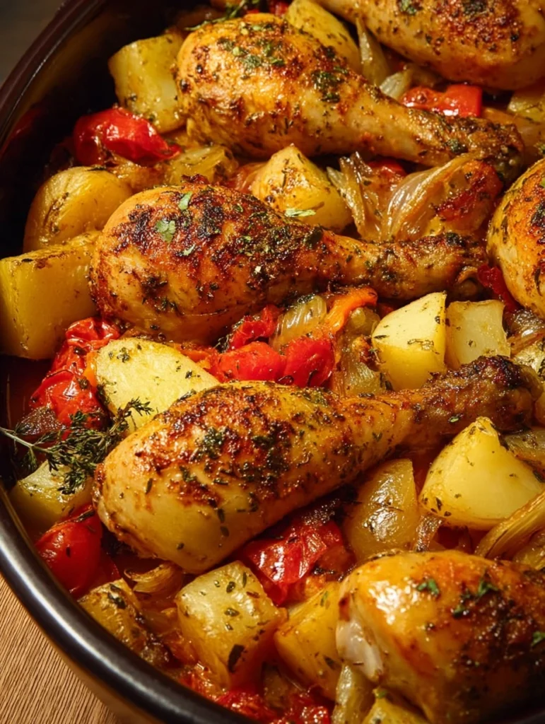 Herbroasted Chicken Legs Golden Potatoes Vegetables