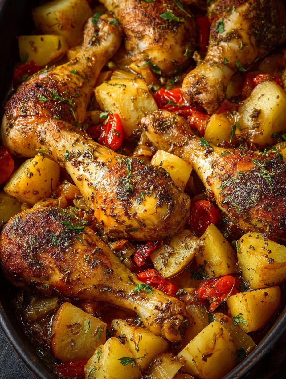 Herbroasted Chicken Legs Golden Potatoes Vegetables