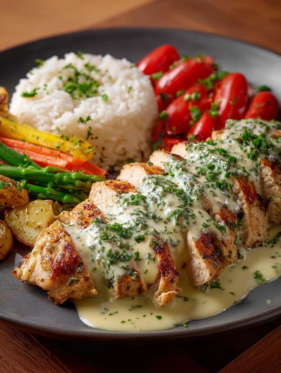 Lemon Herb Chicken with Garlic Cream Sauce and Sides