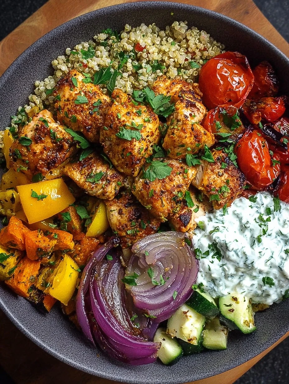 Ultimate Grilled Chicken Quinoa Bowl Recipe Healthy Chicken Quinoa Bowl With Tzatziki Roasted Veggies Quinoa Chicken Bowl ...