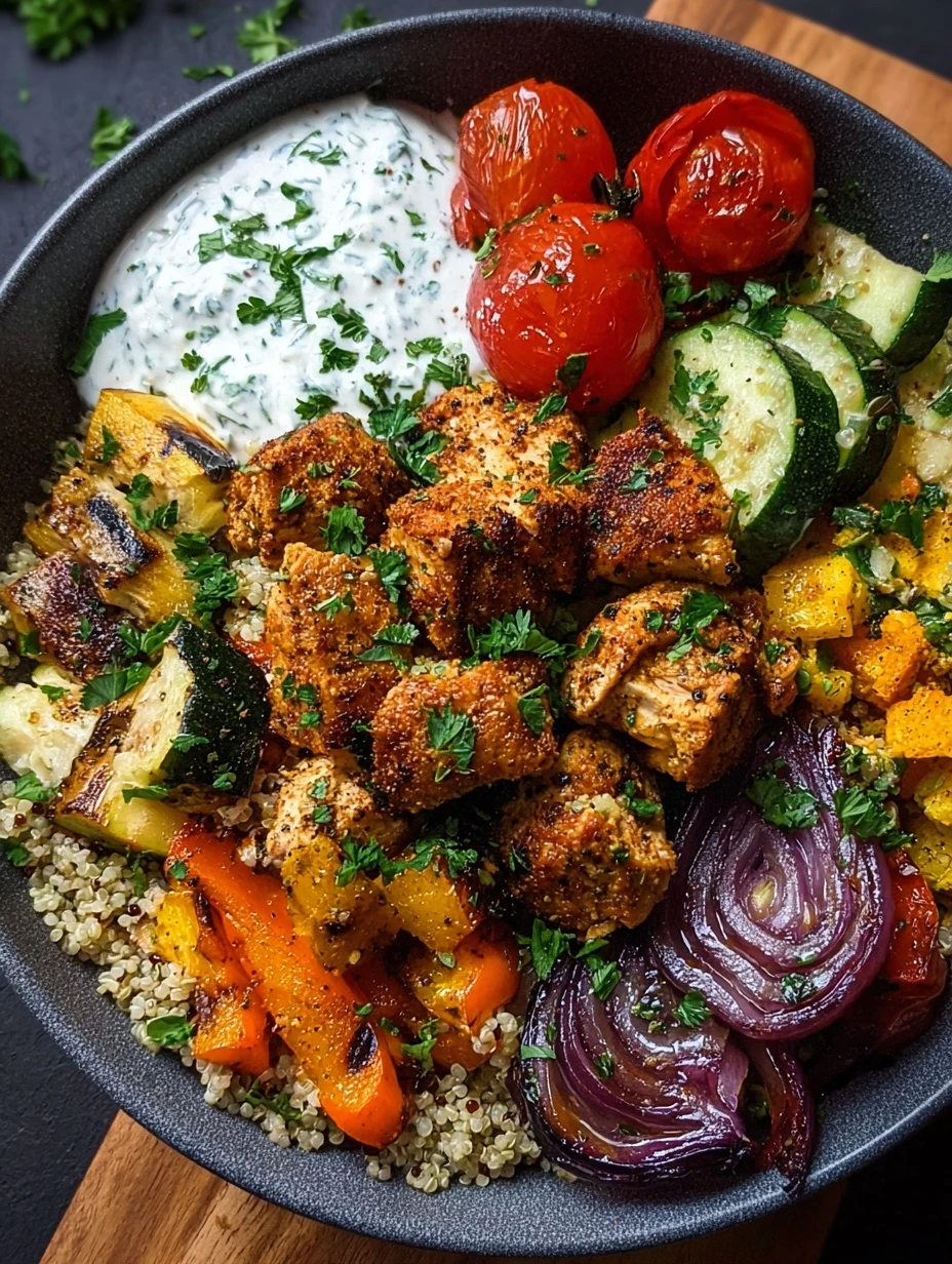 Ultimate Grilled Chicken Quinoa Bowl Recipe Healthy Chicken Quinoa Bowl With Tzatziki Roasted Veggies Quinoa Chicken Bowl ...