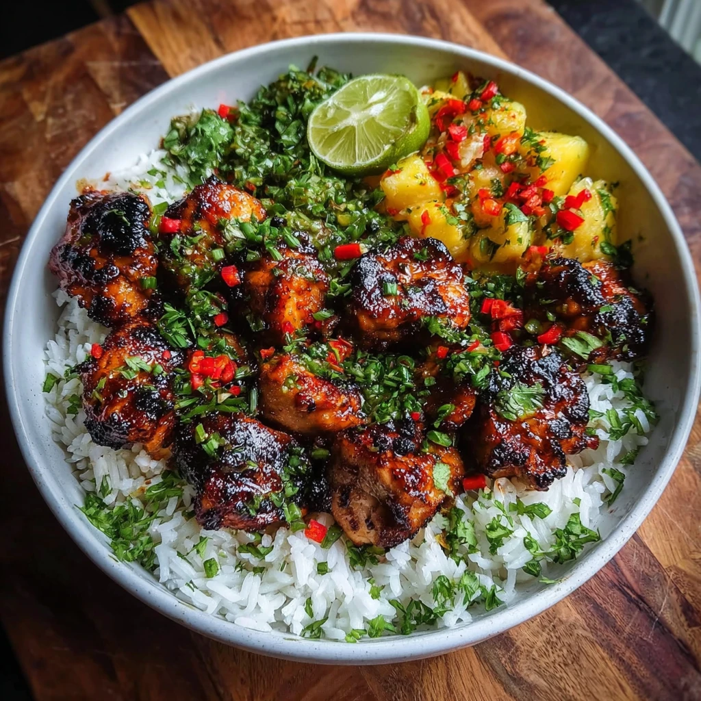 Grilled Maple Sriracha Chicken Bites with Coconut Rice